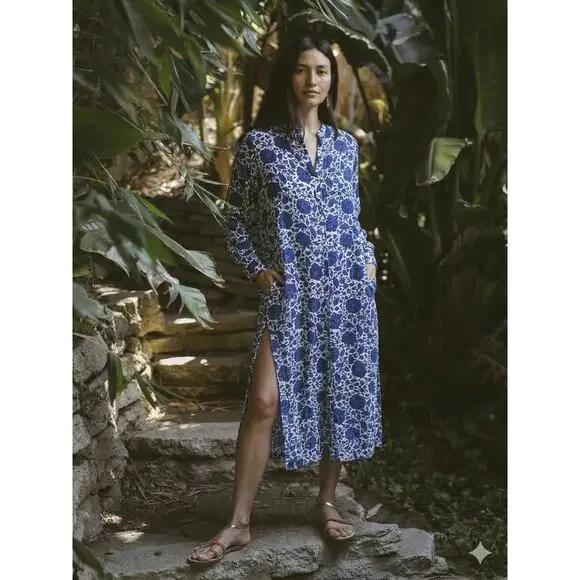 Natalie Martin Indigo Floral Hand-Dyed 100% Silk Kaftan Dress Sz L Double Slit - Picture 1 of 11